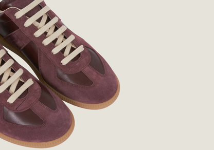 MM Burgundy nappa leather and suede with a honey sole.